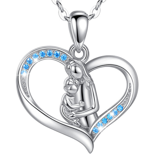 925 sterling silve Mother and Baby Heart Blue Pendant Necklace Jewelry