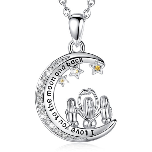 Collar con colgante de estrella y luna en plata de ley 925 con vista trasera de la familia
