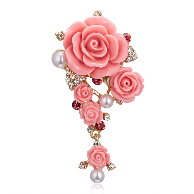 Sweet Pink Rose Flower Brooches Rhinestone Romantic Wedding Party Flower Brooch Pins