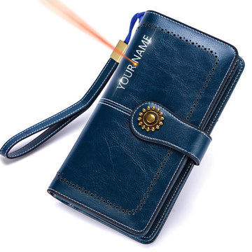 Name Customized Long Genuine Leather Top Quality Card Holder Classic Female Purse Zipper Wallet