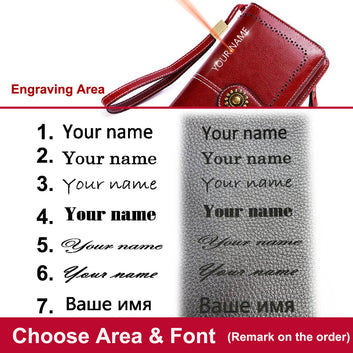 Name Customized Long Genuine Leather Top Quality Card Holder Classic Female Purse Zipper Wallet