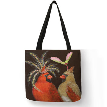 Bolsa de compras reutilizable con impresión de pintura al óleo de pájaros con corona creativa