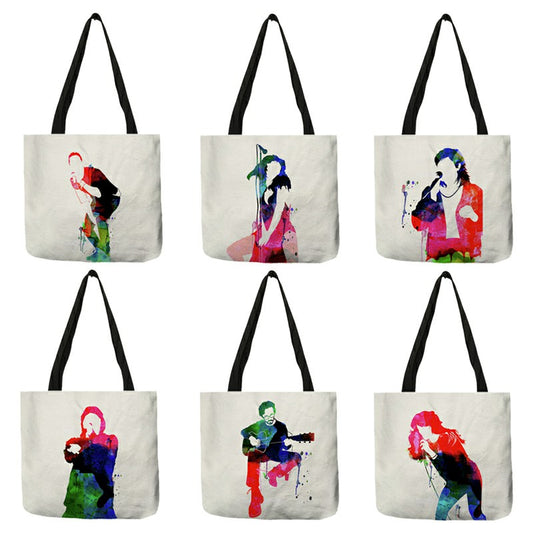 Bolsa de compras con retratos de estrellas de rock en acuarela