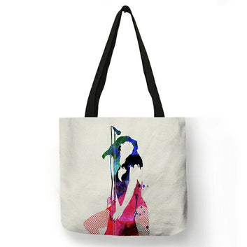 Bolsa de compras con retratos de estrellas de rock en acuarela