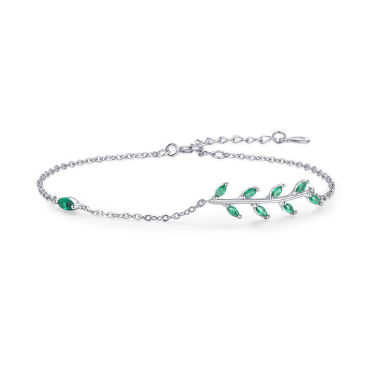 Pulsera ajustable de plata de ley 925 con circonitas y hojas verdes