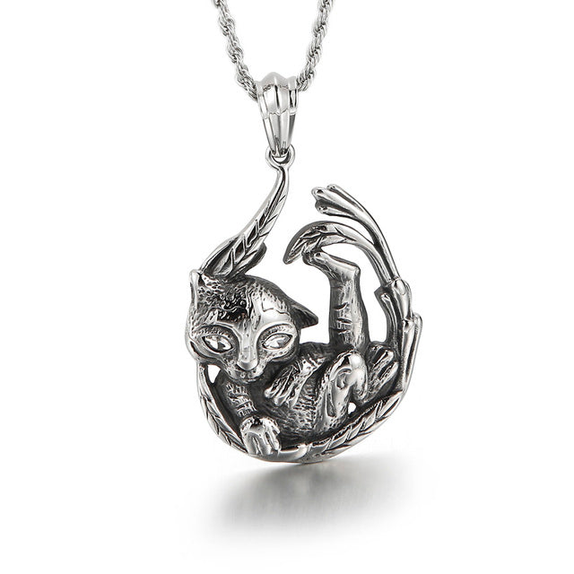 Reiki Cat Chakra Amulet Men Pendant Necklace Stainless Steel Zircon Cats eye Retro Couple Jewelry Halloween Gift