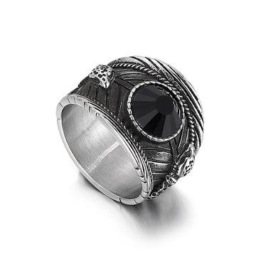 Black Crystal Stone Charm Snake Matte Stainless Steel Ring
