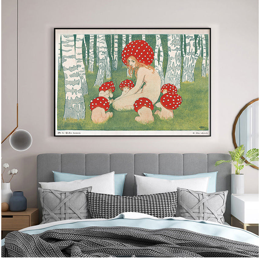 Art Woodland Decor Antique Forest Canvas Print Painting Mother Mushroom with Her Children Vintage Art print Poster Mushroom Wall