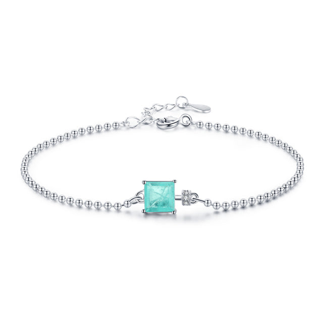 Real 925 Sterling Silver Luxury Square Tourmaline Beads Chain Bracelet