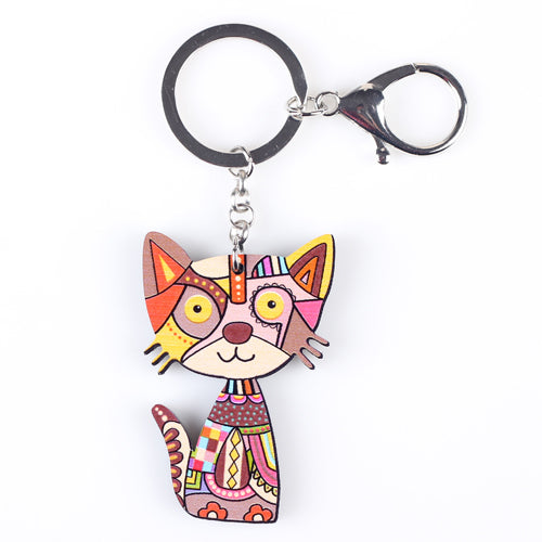 Llavero con diseño de gato y animalito acrílico