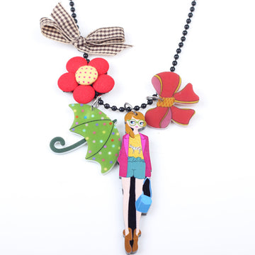 Handmade Girl Flower Umbrella Bow Rosette Necklace Pendant Brand Design Fashion Jewelry
