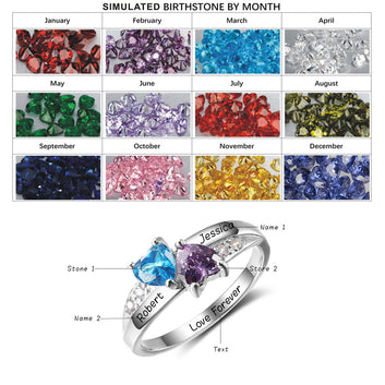 Anillo personalizado con nombre y piedra de nacimiento grabada en plata de ley 925 con doble corazón
