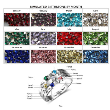 Personalized Family Engrave Names Custom 6 Birthstone 925 Sterling Silver Ring