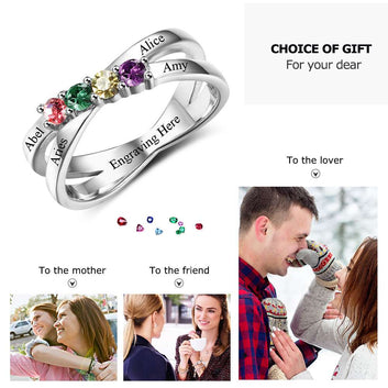 Personalized Family Engrave Names Custom 4 Birthstone 925 Sterling Silver Ring