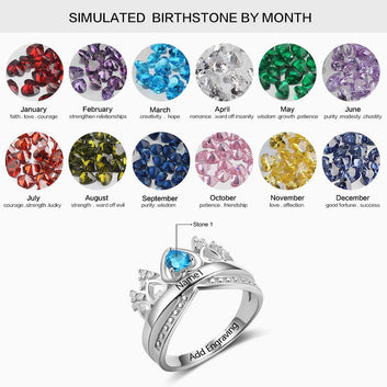 Anillo de plata de ley 925 con piedra de nacimiento y corona de corazón personalizada