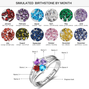 Personalized 4 Birthstone Engrave 4 Name 925 Sterling Silver Ring