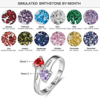 Anillo de plata de ley 925 con piedra de nacimiento de corazón personalizada y grabado personalizado de 2 nombres