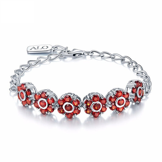 Natural Garnet Real 925 Sterling Silver Flower Bracelet