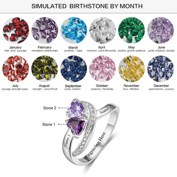 Personalized Heart Birthstone Custom Engrave 2 Names 925 Sterling Silver Ring