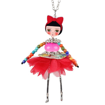 Doll Necklace Red Dress New Pendant Acrylic Alloy Bowknot Flower Figure Fashion Jewelry