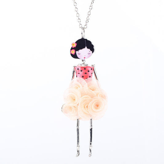 French Paris Doll Necklace Dress Flower Long Chain Alloy Doll Pendant Fashion Jewelry