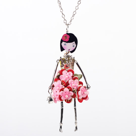Doll Necklace Dress Trendy Long Chain Acrylic Alloy Red Flower Figure Fashion Jewelry