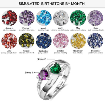 Personalized Double Heart Birthstone Custom Engrave Names Ring