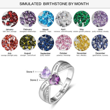 Personalized Heart Birthstone Engrave 2 Names 925 Sterling Silver Ring