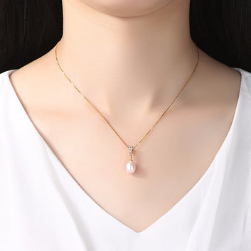 Collar de cadena de plata con perla de agua dulce natural de 8-9 mm, color blanco, rosa y morado, colgante de circonita cúbica, joyería fina