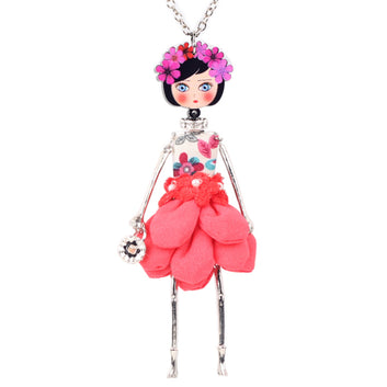 Statement Flower Doll Necklace Dress Handmade French Doll Pendant News Alloy Flower Fashion Jewelry