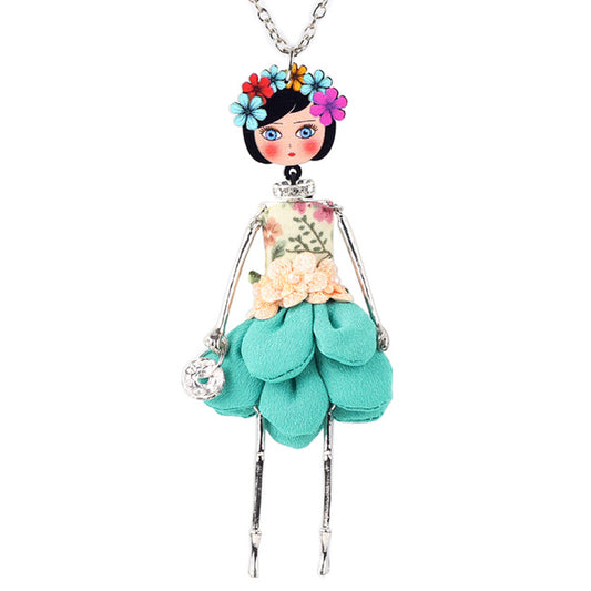 Statement Flower Doll Necklace Dress Handmade French Doll Pendant News Alloy Flower Fashion Jewelry