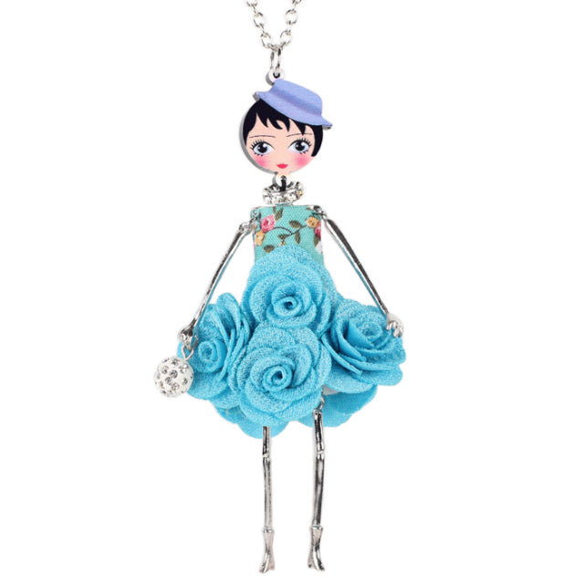 Statement Flower Doll Necklace Dress Handmade French Doll Pendant News Alloy Flower Fashion Jewelry Gift