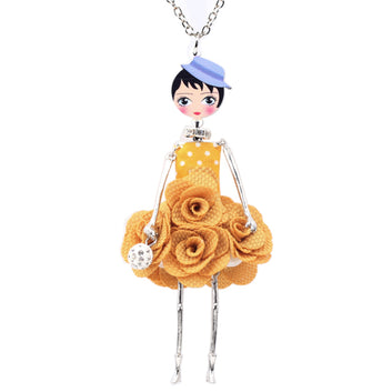 Statement Flower Doll Necklace Dress Handmade French Doll Pendant News Alloy Flower Fashion Jewelry Gift