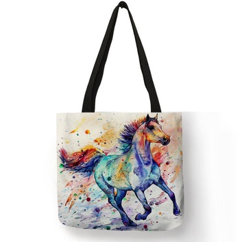 Bolso de lino ecológico con pintura artística de caballo arcoíris