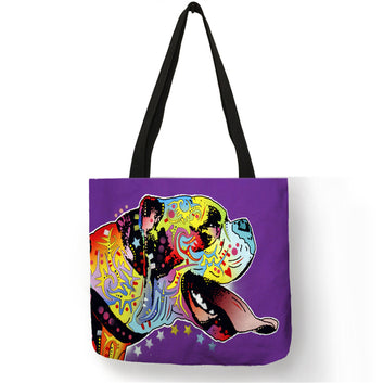 Bolso de mano de lino con estampado de animales de colores, perros y gatos.