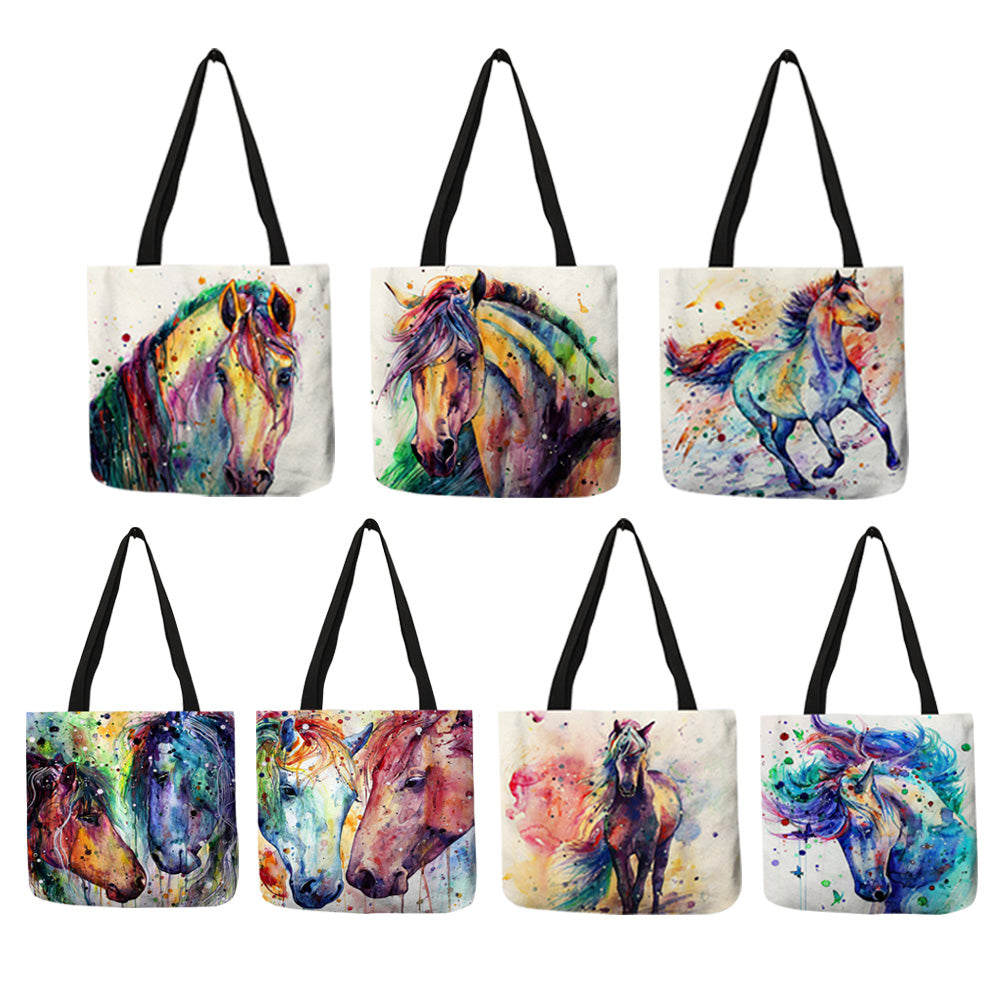 Rainbow Horse Art Painting Eco Linen Handbag