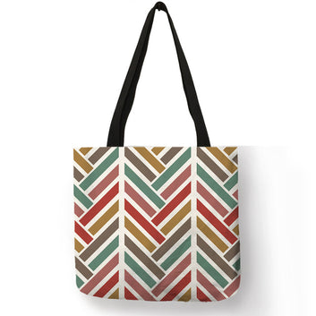 Double Sided Print Eco Friendly Linen Geometry Tote Bag