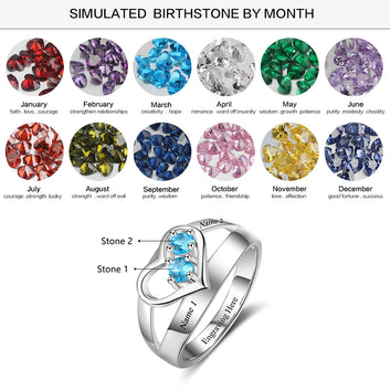 Personalized Heart Custom Engrave Names Birthstone Promise Ring