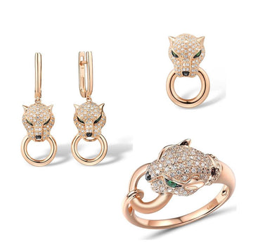 Pure 14K 585 Rose Gold Leopard Emerald Sparkling Diamond Pendant Earrings Ring Jewelry Set