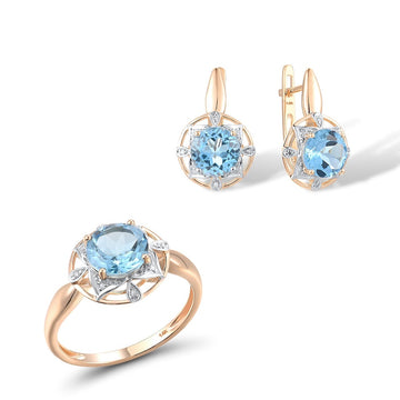Pure 14K 585 Rose Gold Sparkling Blue Topaz Diamond Classic Earrings Ring Jewelry Set