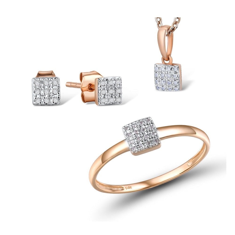 Pure 14K 585 Rose Gold Sparkling Diamond Square Earrings Ring Pendant Jewelry Set