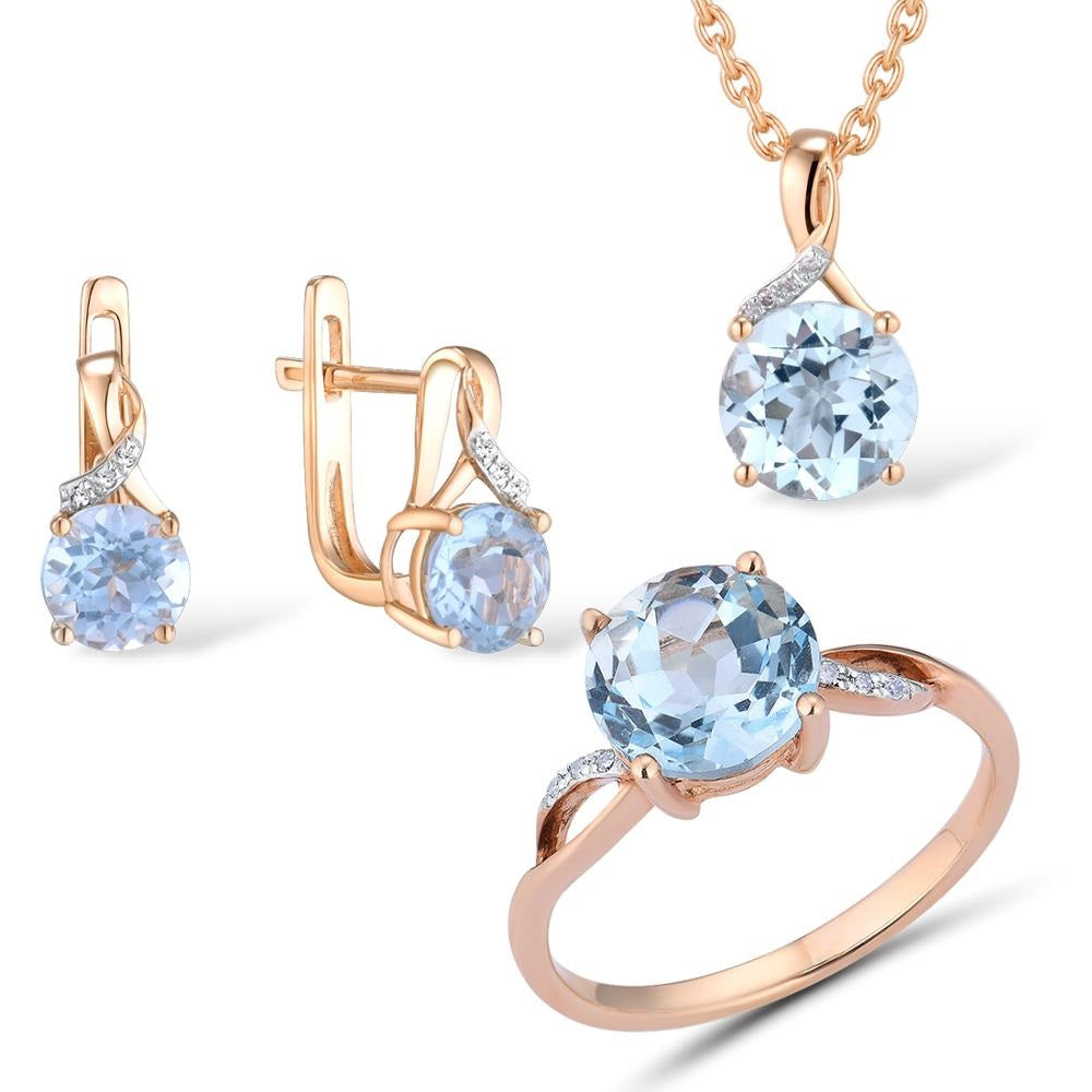 Pure 14K 585 Rose Gold Sparkling Sky Blue Topaz Diamond Earrings Ring Pendant Jewelry Set