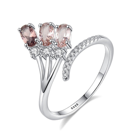Anillo de compromiso ajustable abierto con piedras preciosas en plata de ley 925 pura