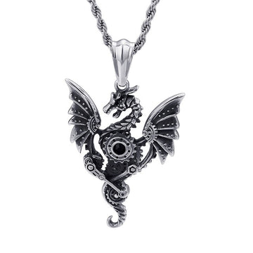 Retro Zodiac Dragon Big Wings Gear Stainless Steel Vintage Necklace