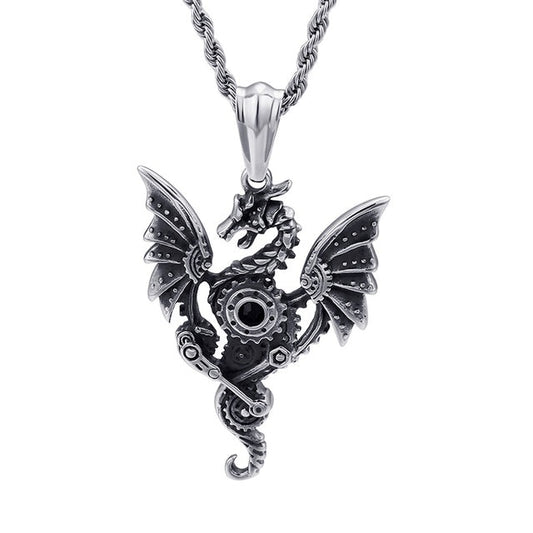 Collar vintage de acero inoxidable con alas grandes de dragón del zodiaco retro