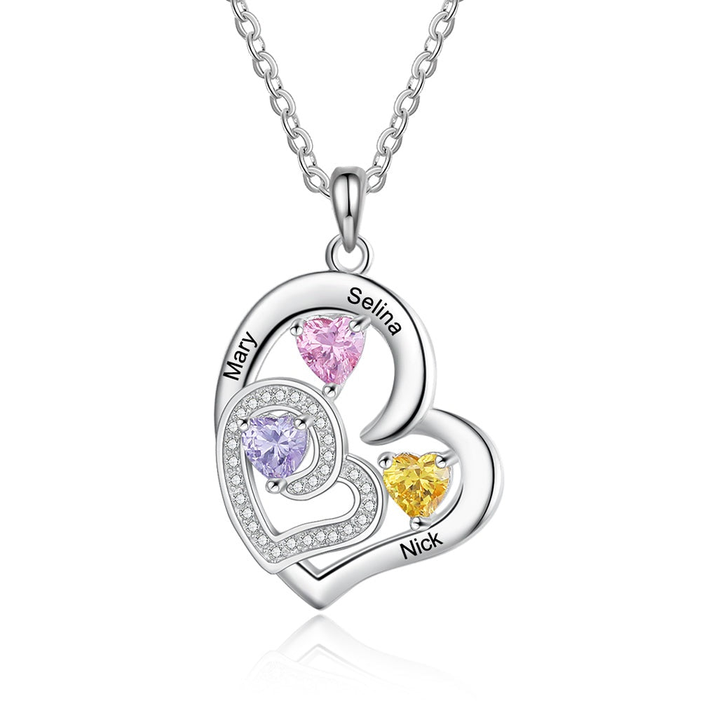 Romantic Custom Name Engraved Necklaces for Women Personalized Heart Pendant Necklace with 3 Birthstones