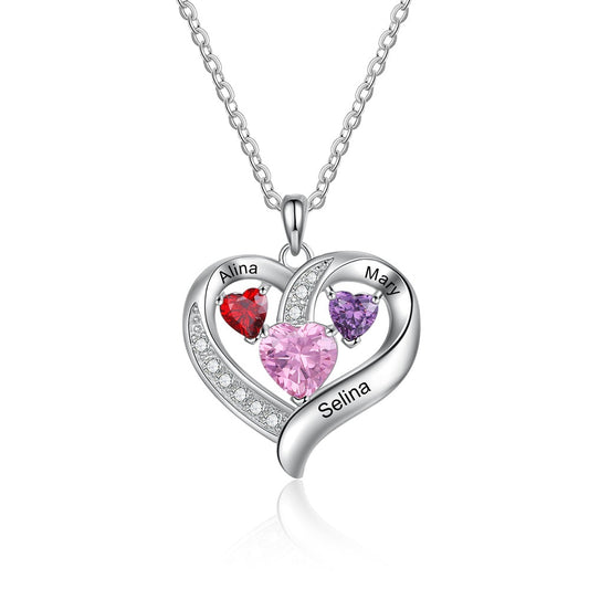 Romantic Personalized Name Engraved Heart Necklaces for Women Customized 3 Birthstone Necklace