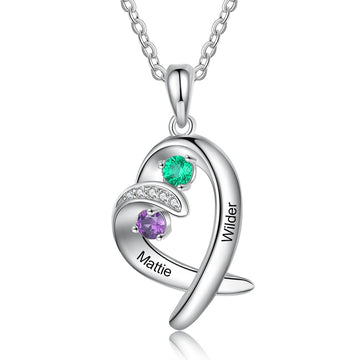 Romantic Personalized Name Heart Pendant with 2 Inlaid Birthstones Customized Engraving Couple Necklace
