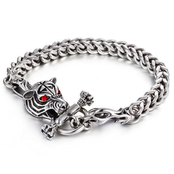 Stainless Steel Link Chain Red Eyes Tiger Head Charm Bracelet