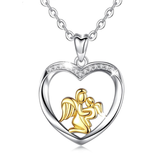 Collar con colgante de ángel de mamá en plata de ley con incrustaciones de cristal en forma de corazón
